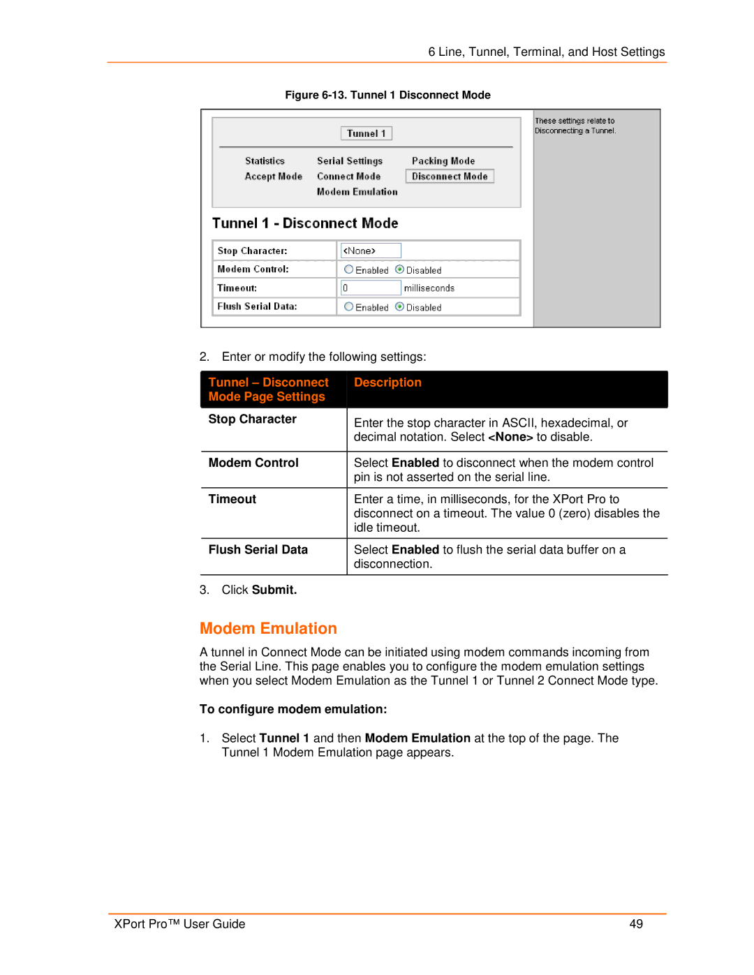 Lantronix 900-560 manual Tunnel Disconnect Description Mode Page Settings, Stop Character, Modem Control, Timeout 