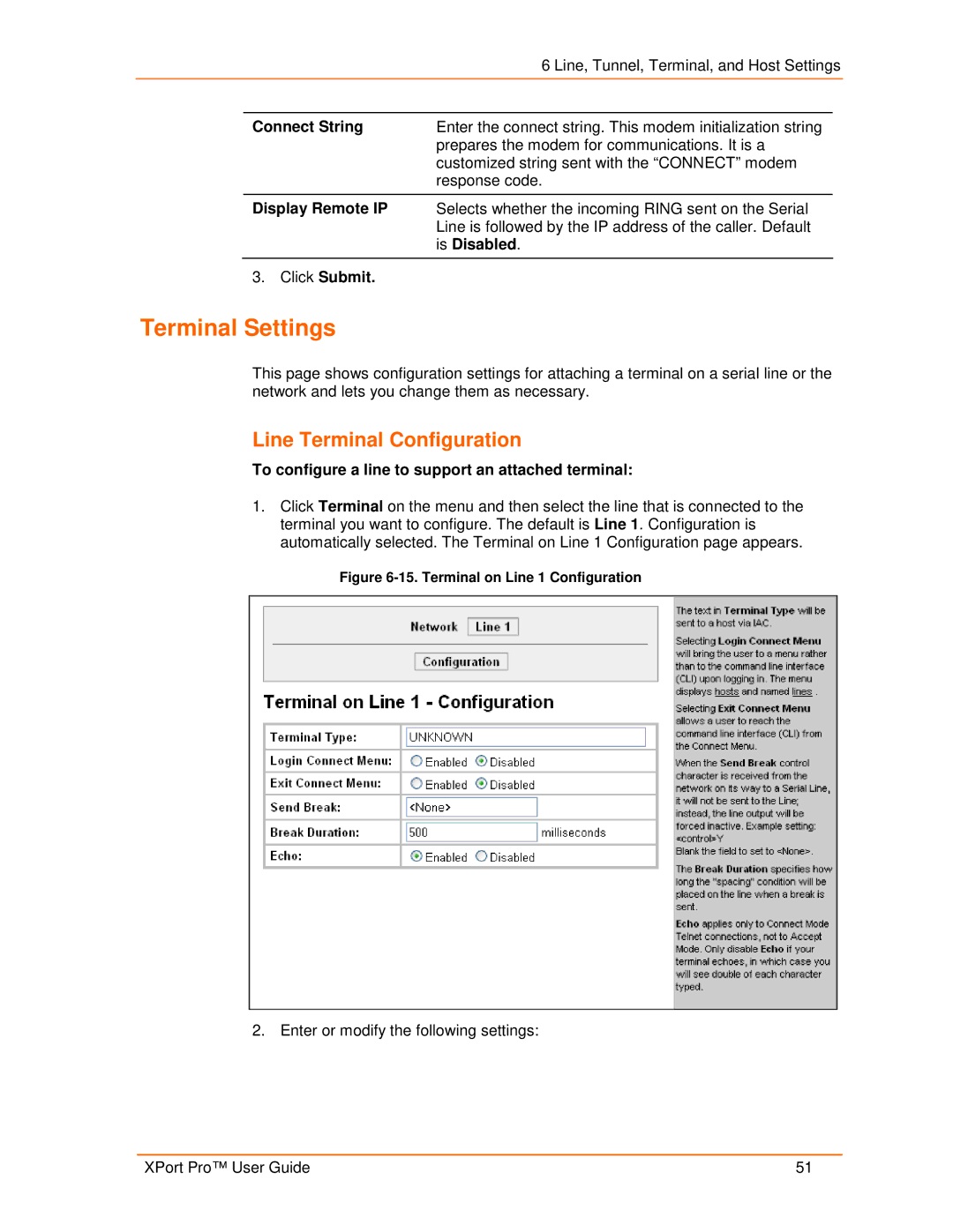 Lantronix 900-560 Terminal Settings, Line Terminal Configuration, To configure a line to support an attached terminal 