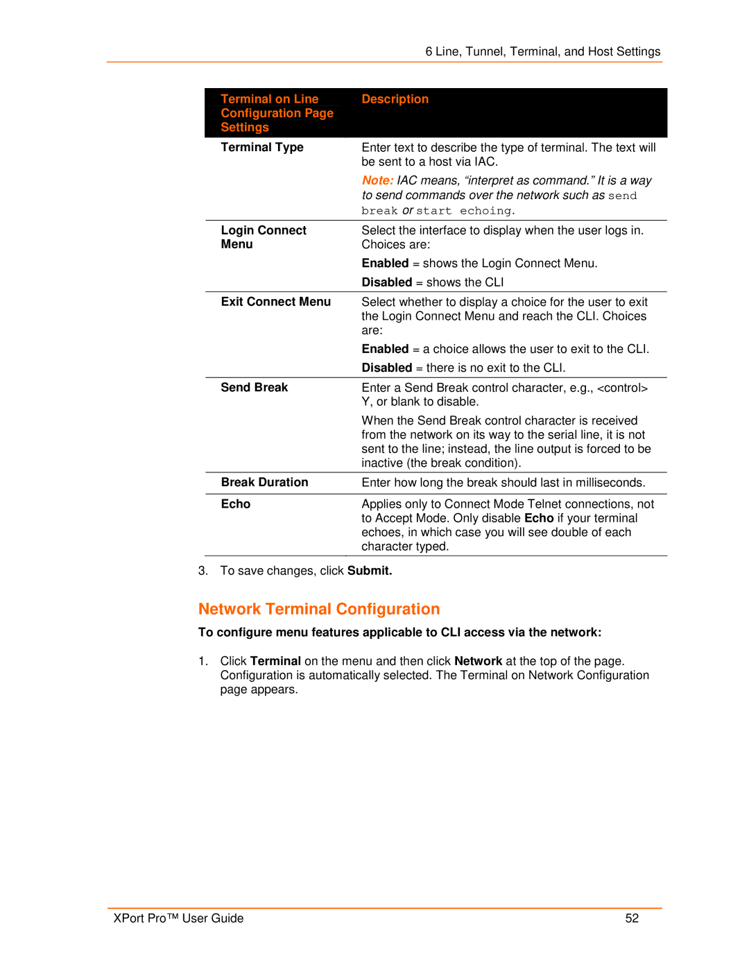 Lantronix 900-560 manual Network Terminal Configuration, Terminal on Line Description Configuration Settings 