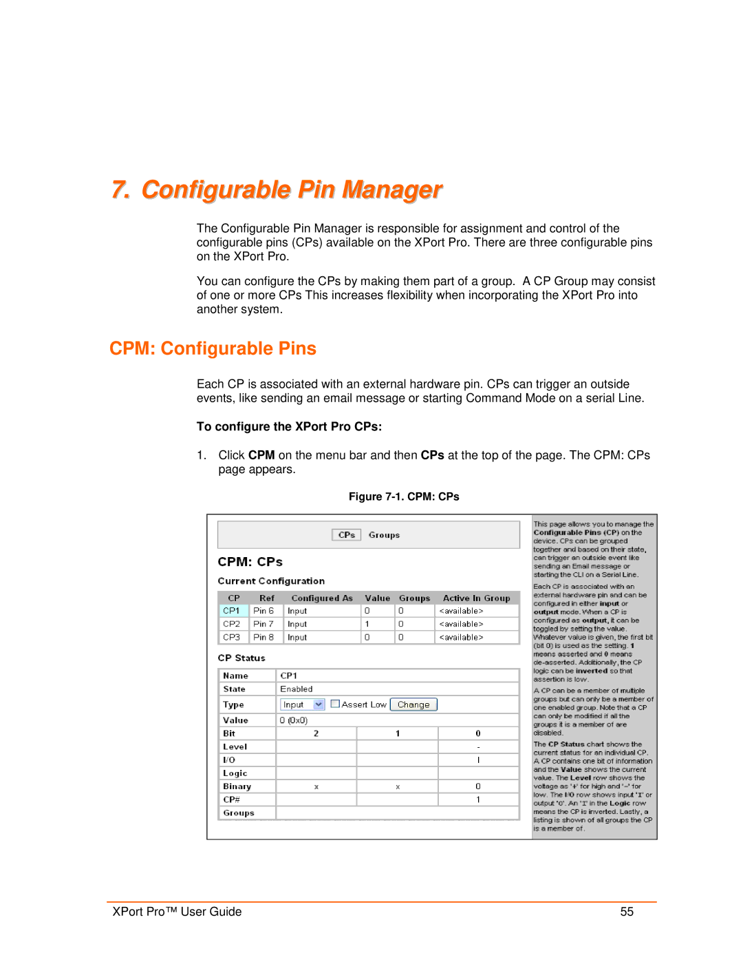 Lantronix 900-560 manual Configurable Pin Manager, CPM Configurable Pins, To configure the XPort Pro CPs 