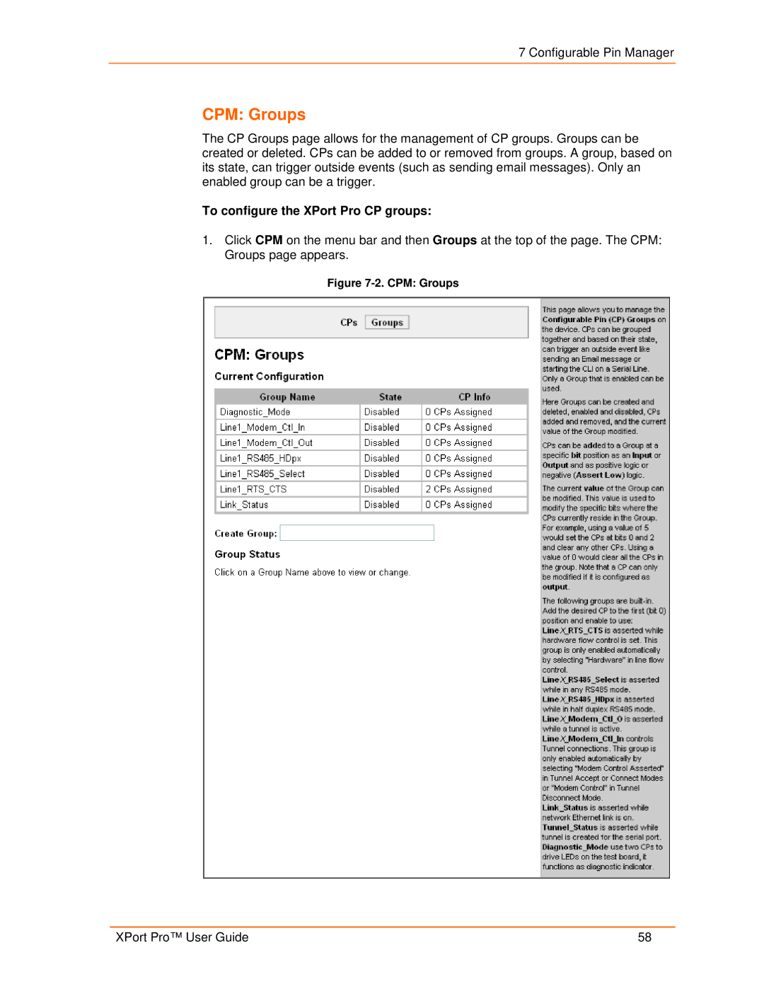 Lantronix 900-560 manual CPM Groups, To configure the XPort Pro CP groups 