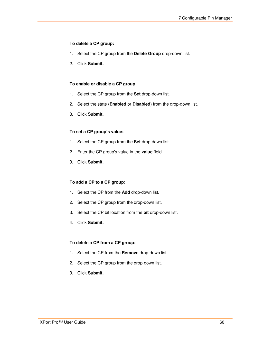 Lantronix 900-560 manual To delete a CP group, Click Submit To enable or disable a CP group 