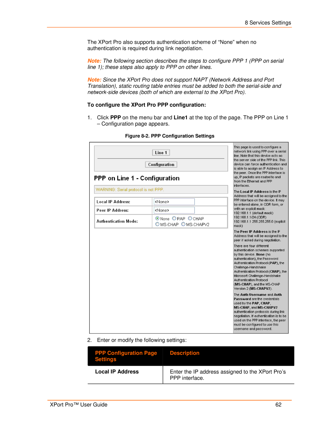 Lantronix 900-560 manual To configure the XPort Pro PPP configuration, PPP Configuration Settings 