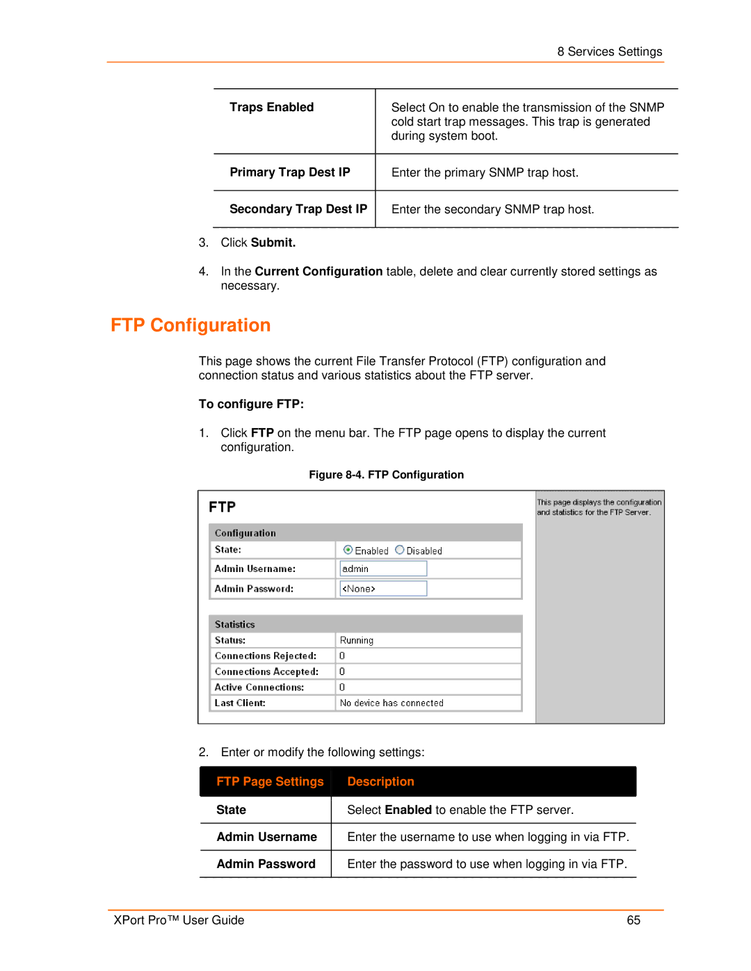 Lantronix 900-560 manual FTP Configuration, FTP Page Settings Description 