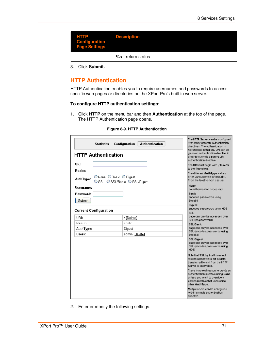 Lantronix 900-560 manual Http Authentication, Configuration Settings Description, To configure Http authentication settings 