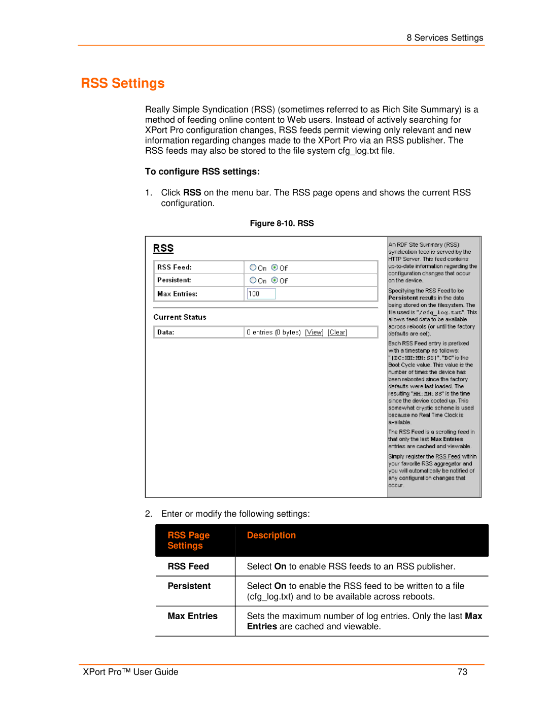 Lantronix 900-560 manual RSS Settings, To configure RSS settings, RSS Description Settings 