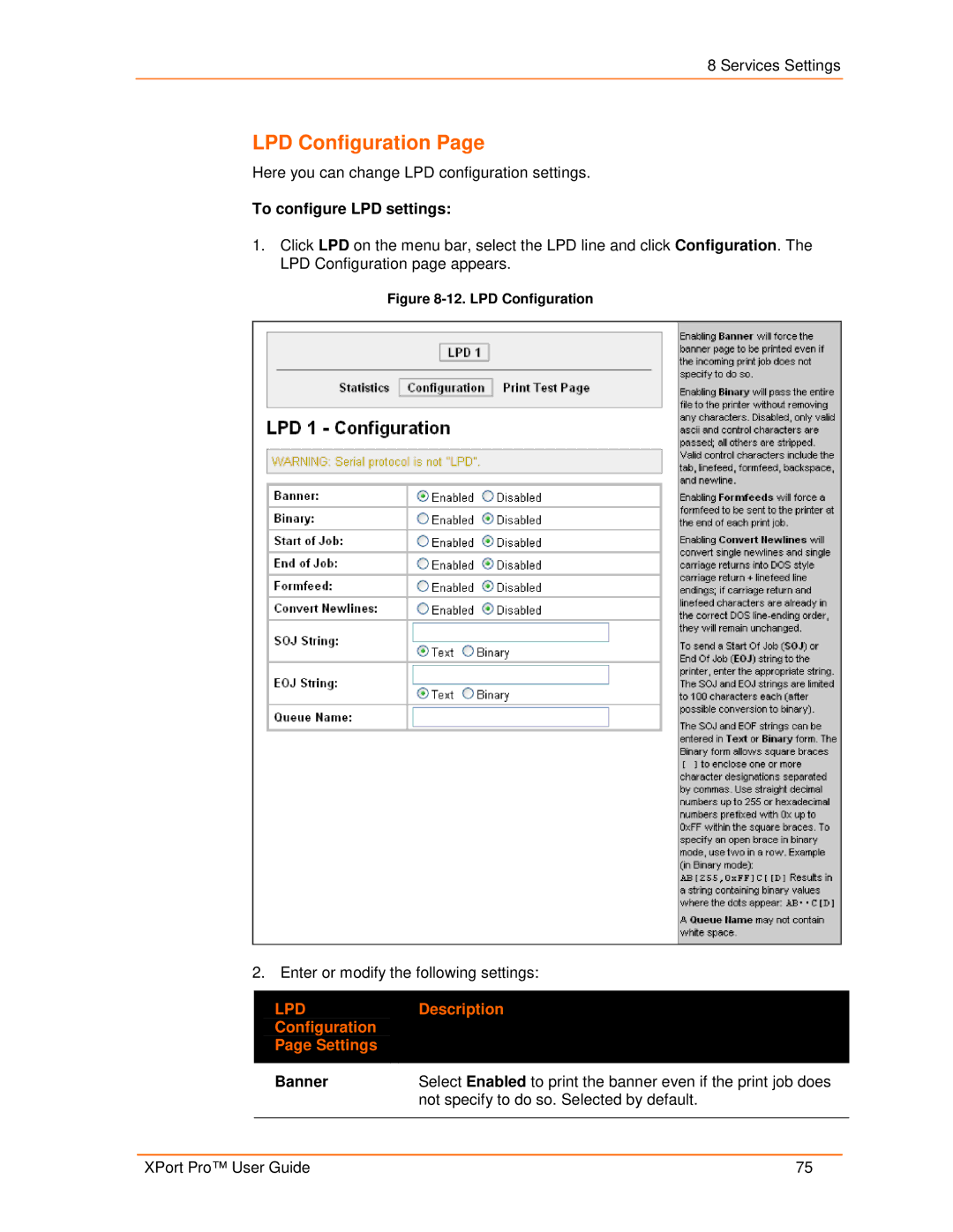 Lantronix 900-560 manual LPD Configuration, To configure LPD settings 