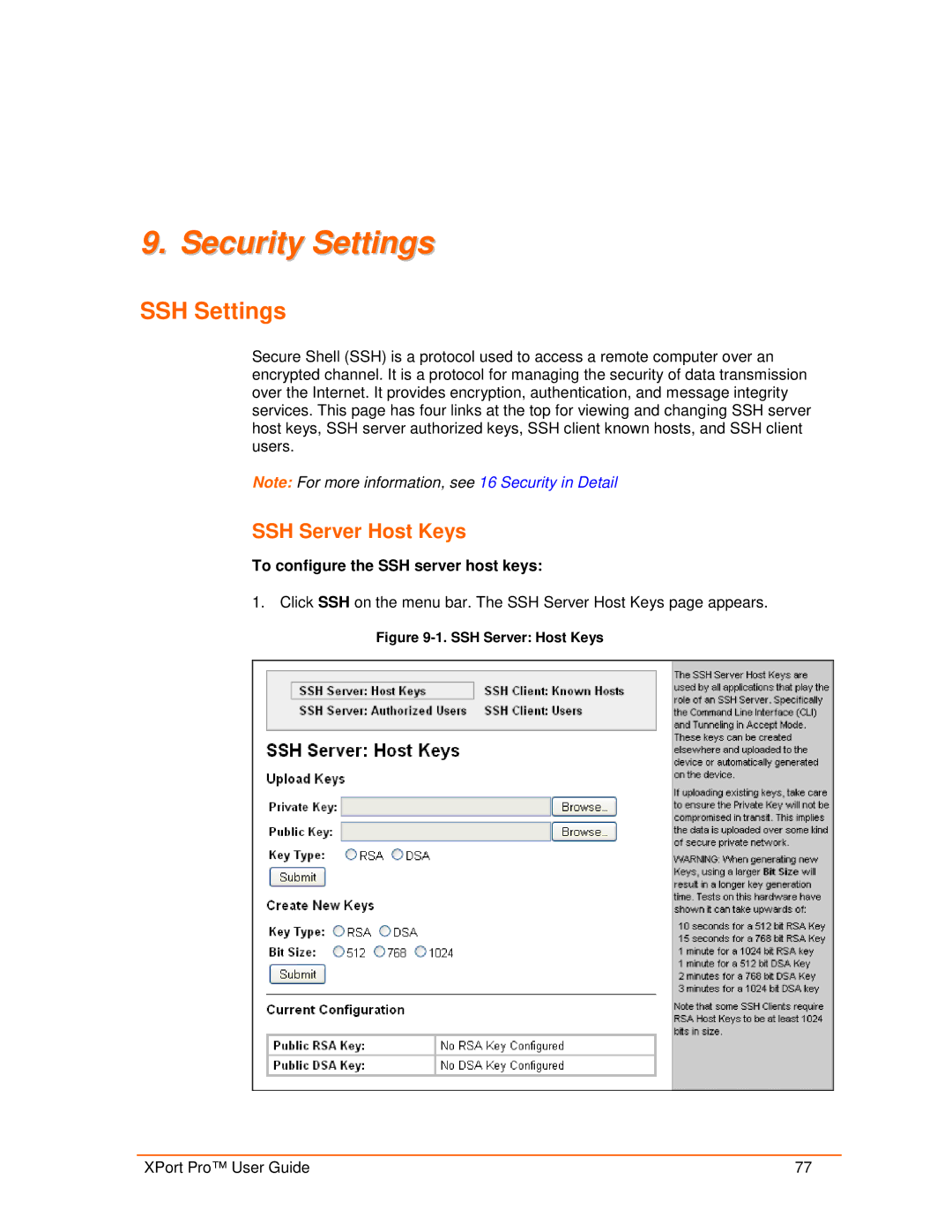 Lantronix 900-560 manual Security Settings, SSH Settings, SSH Server Host Keys, To configure the SSH server host keys 