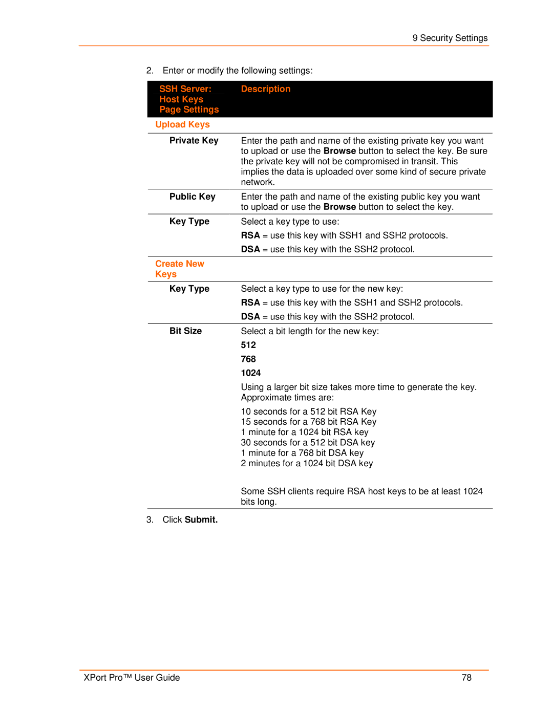 Lantronix 900-560 manual SSH Server Description Host Keys Settings Upload Keys, Create New Keys 