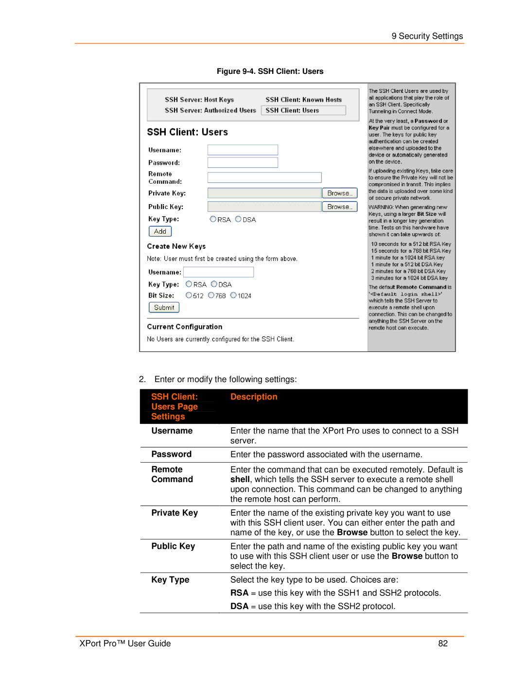 Lantronix 900-560 manual SSH Client Description Users Settings, Command 