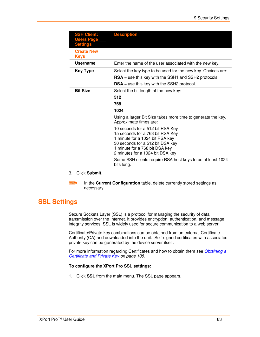 Lantronix 900-560 manual SSL Settings, SSH Client Description Users Settings Create New Keys 