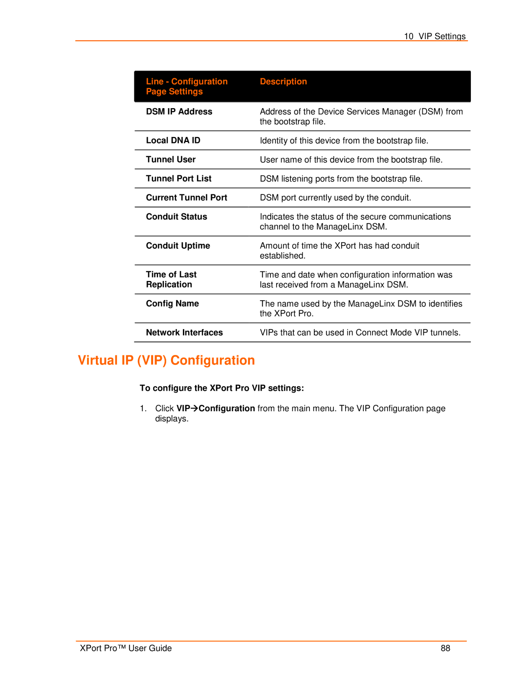 Lantronix 900-560 manual Virtual IP VIP Configuration, Line Configuration Description Settings 