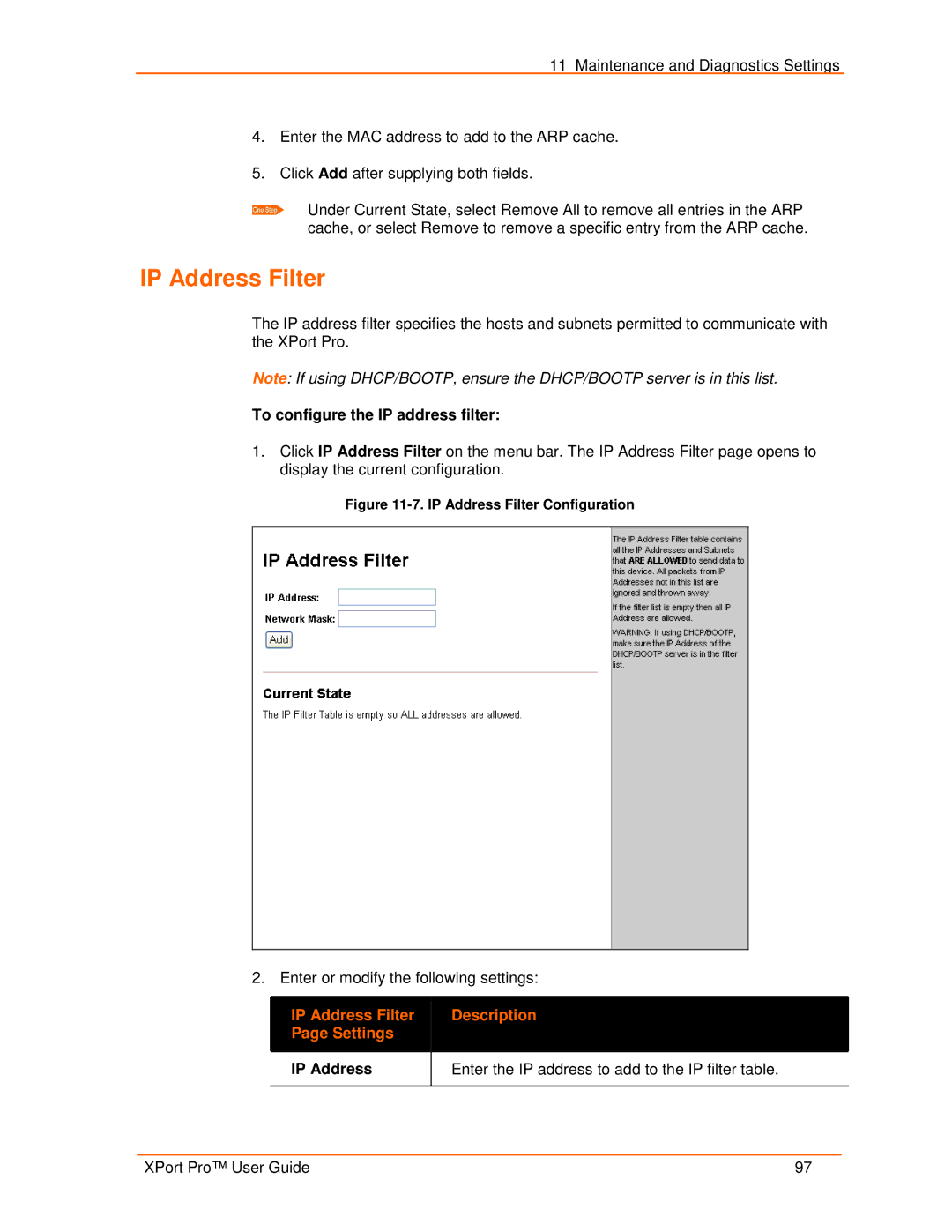 Lantronix 900-560 manual To configure the IP address filter, IP Address Filter Page Settings Description 