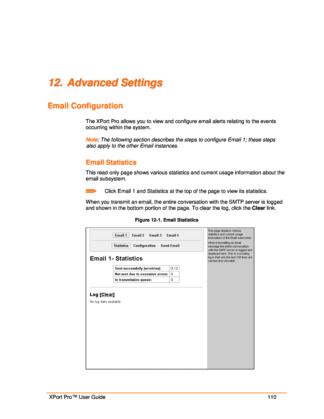 Lantronix 900-560 manual Advanced Settings, Email Configuration, Email Statistics 