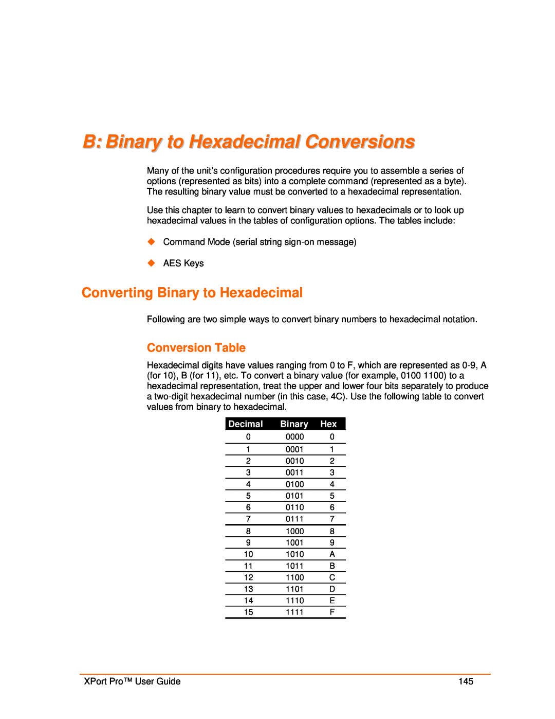 Lantronix 900-560 manual B Binary to Hexadecimal Conversions, Converting Binary to Hexadecimal, Conversion Table, Decimal 