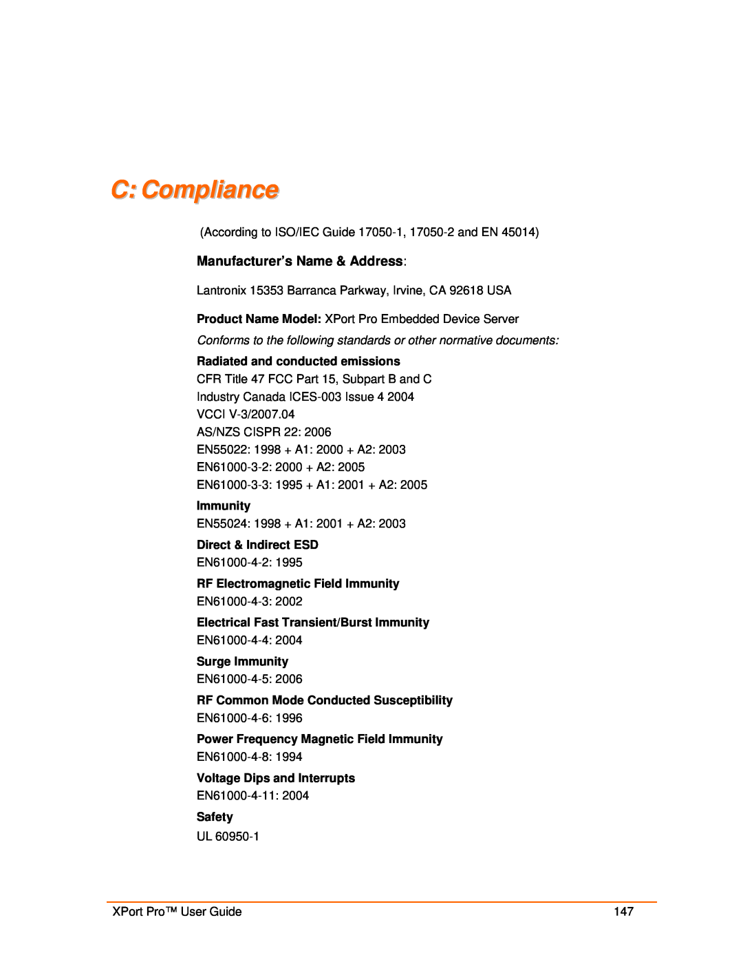 Lantronix 900-560 manual C Compliance, Manufacturer’s Name & Address 