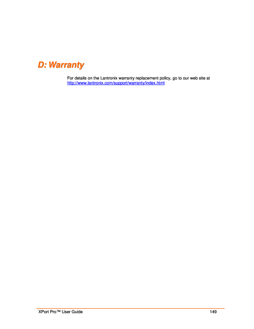 Lantronix 900-560 manual D Warranty, XPort Pro User Guide 