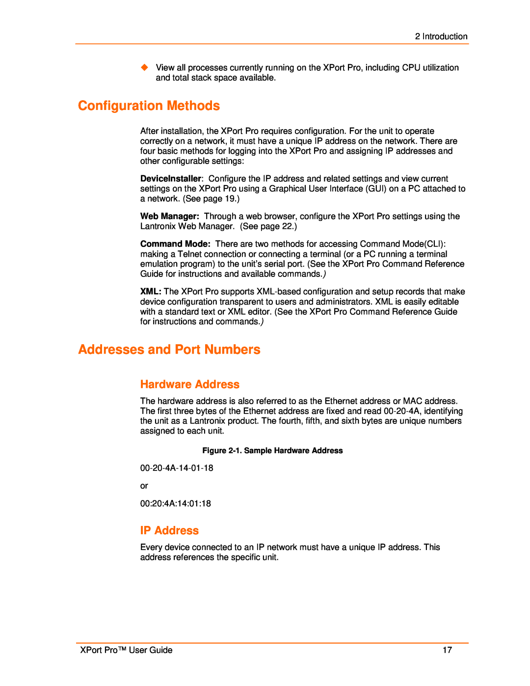 Lantronix 900-560 manual Configuration Methods, Addresses and Port Numbers, Hardware Address, IP Address 