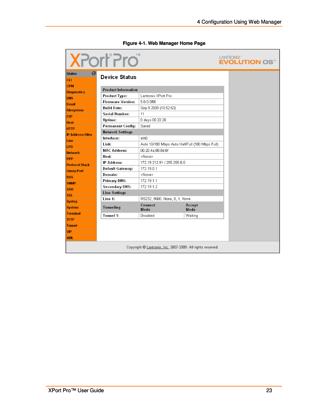 Lantronix 900-560 manual Configuration Using Web Manager, XPort Pro User Guide, 1. Web Manager Home Page 