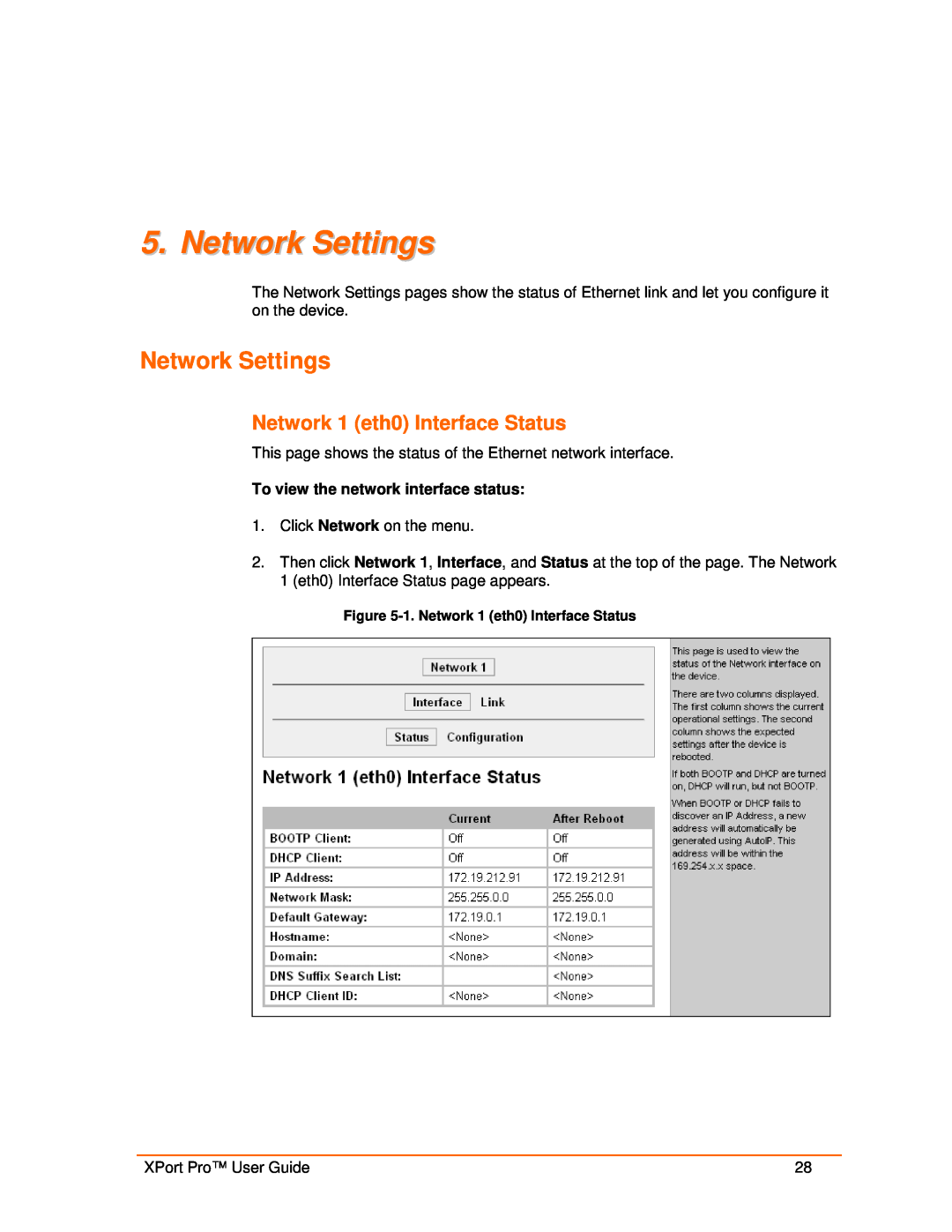 Lantronix 900-560 manual Network Settings, Network 1 eth0 Interface Status 