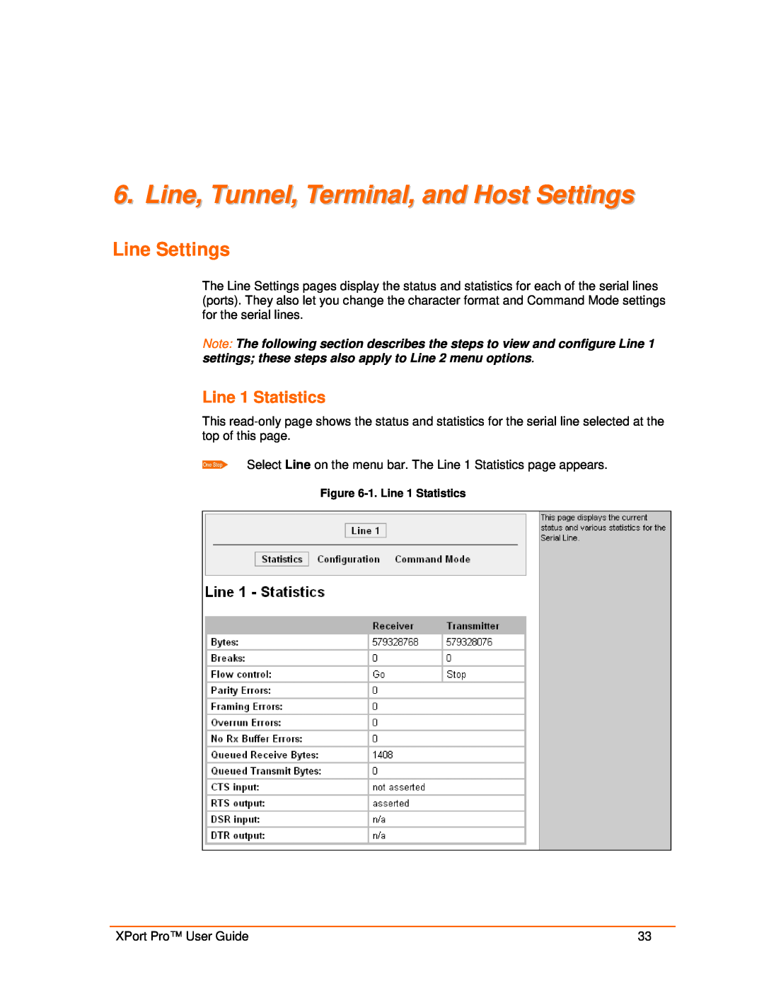 Lantronix 900-560 manual Line, Tunnel, Terminal, and Host Settings, Line Settings, Line 1 Statistics 
