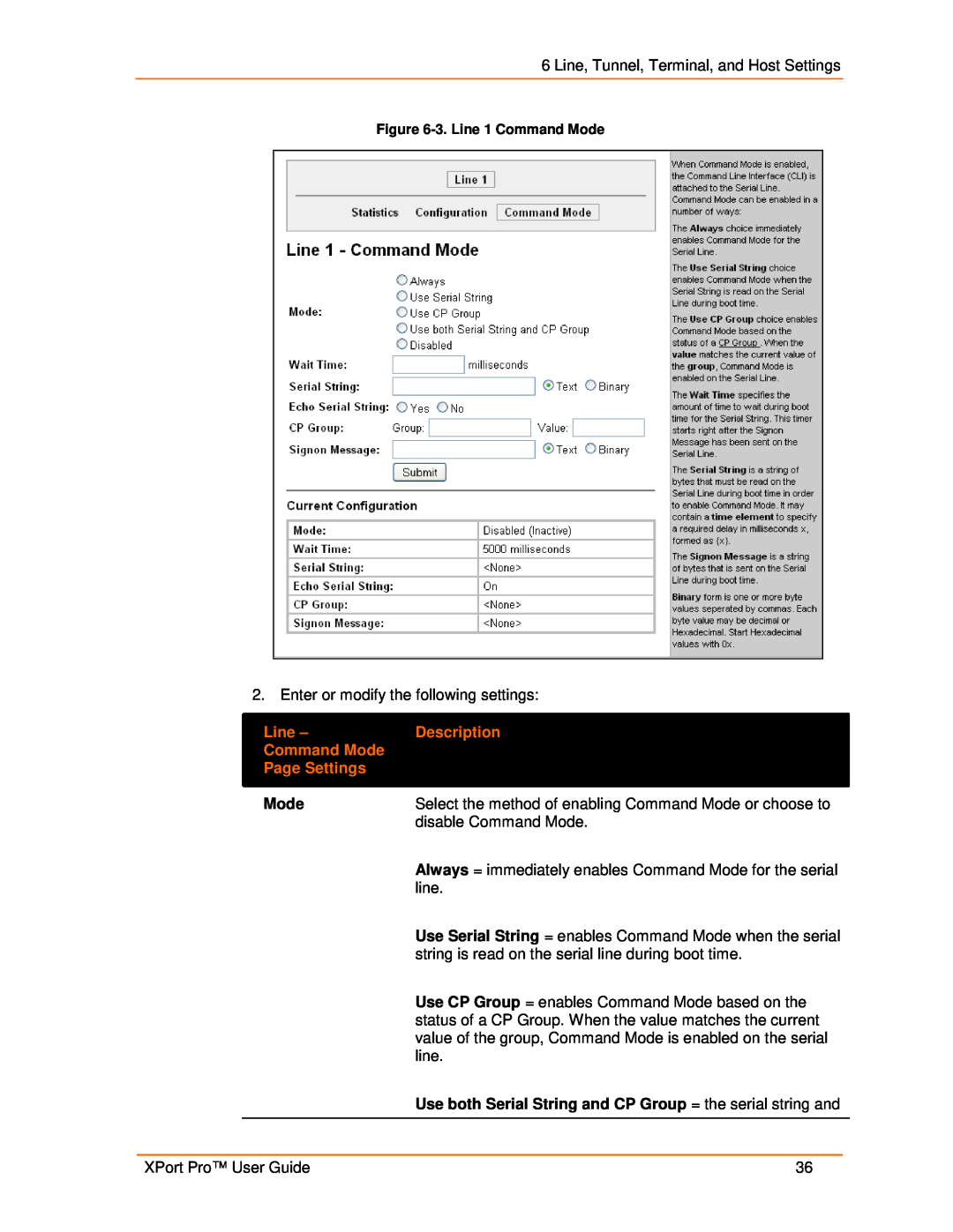 Lantronix 900-560 manual Description, Page Settings, 3. Line 1 Command Mode 
