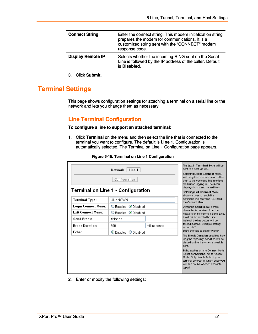 Lantronix 900-560 manual Terminal Settings, Line Terminal Configuration 