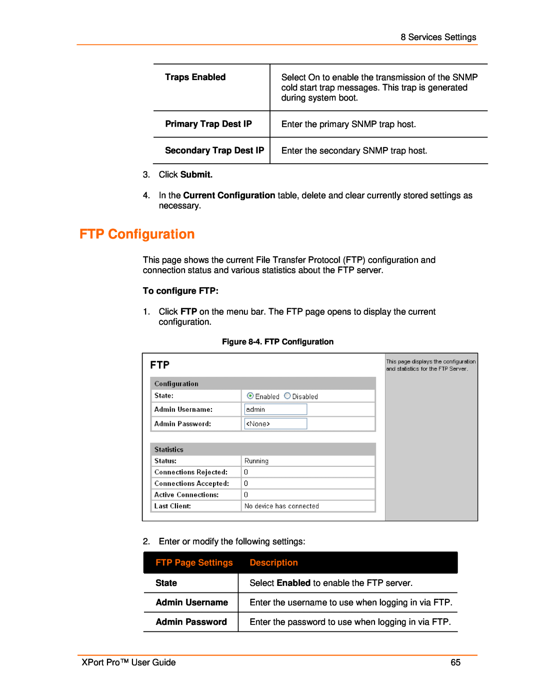 Lantronix 900-560 manual FTP Page Settings, Description, 4. FTP Configuration 