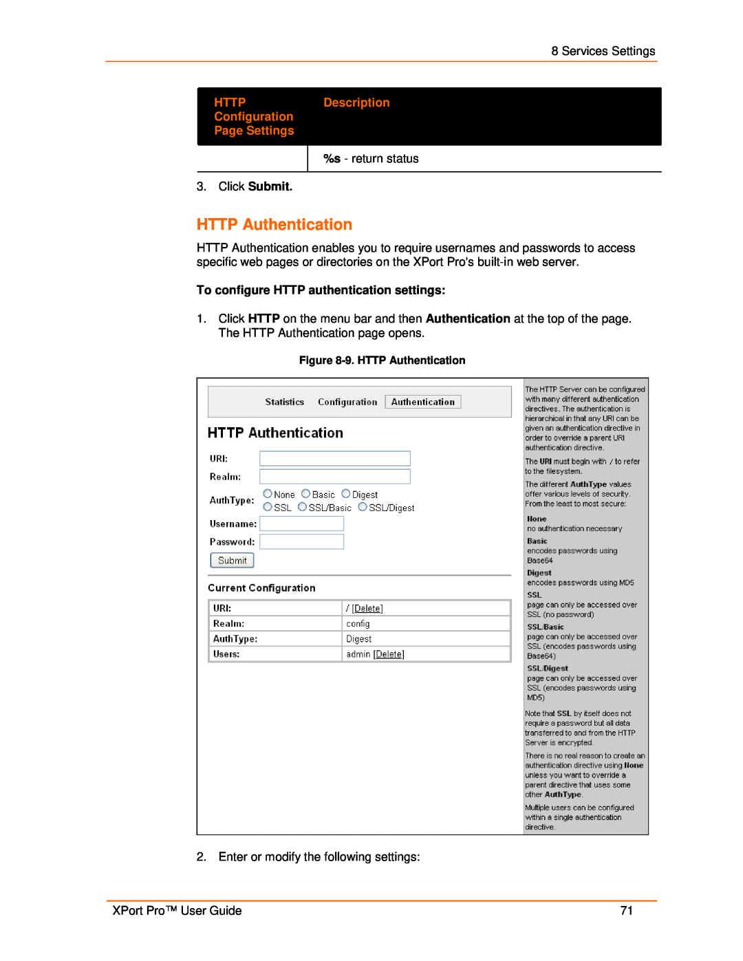 Lantronix 900-560 manual HTTP Configuration Page Settings, Description, 9. HTTP Authentication 