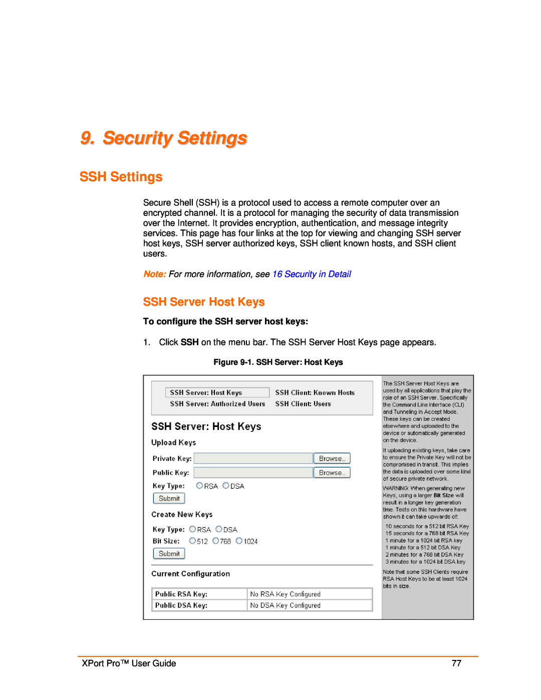 Lantronix 900-560 manual Security Settings, SSH Settings, SSH Server Host Keys 