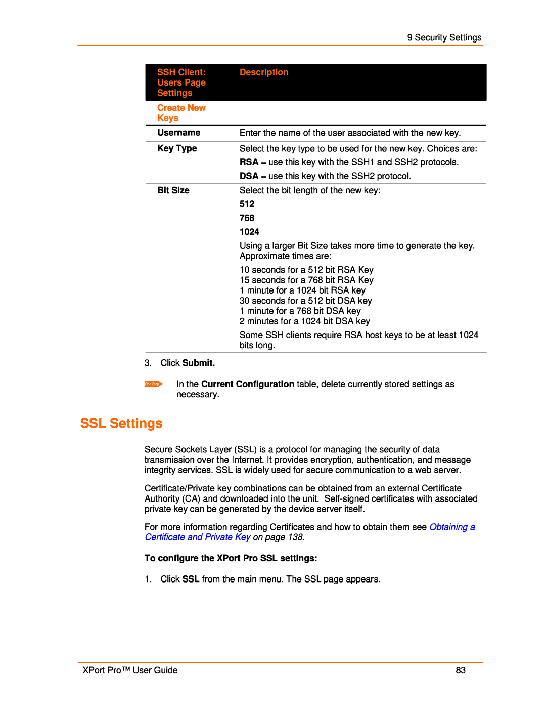 Lantronix 900-560 manual SSL Settings, SSH Client, Description, Users Page, Create New, Keys 