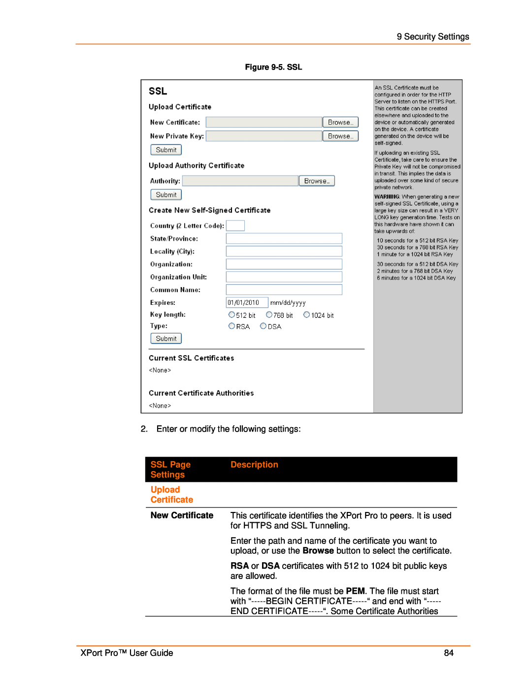 Lantronix 900-560 manual SSL Page, Description, Settings, Upload, Certificate 
