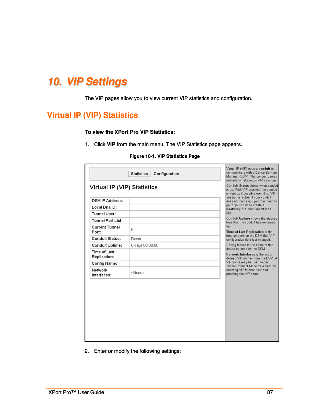 Lantronix 900-560 manual VIP Settings, Virtual IP VIP Statistics, 1. VIP Statistics Page 