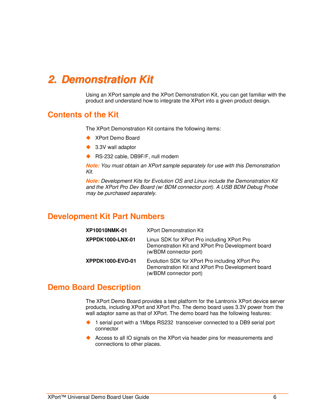 Lantronix 900-563 manual Contents of the Kit, Development Kit Part Numbers, Demo Board Description 