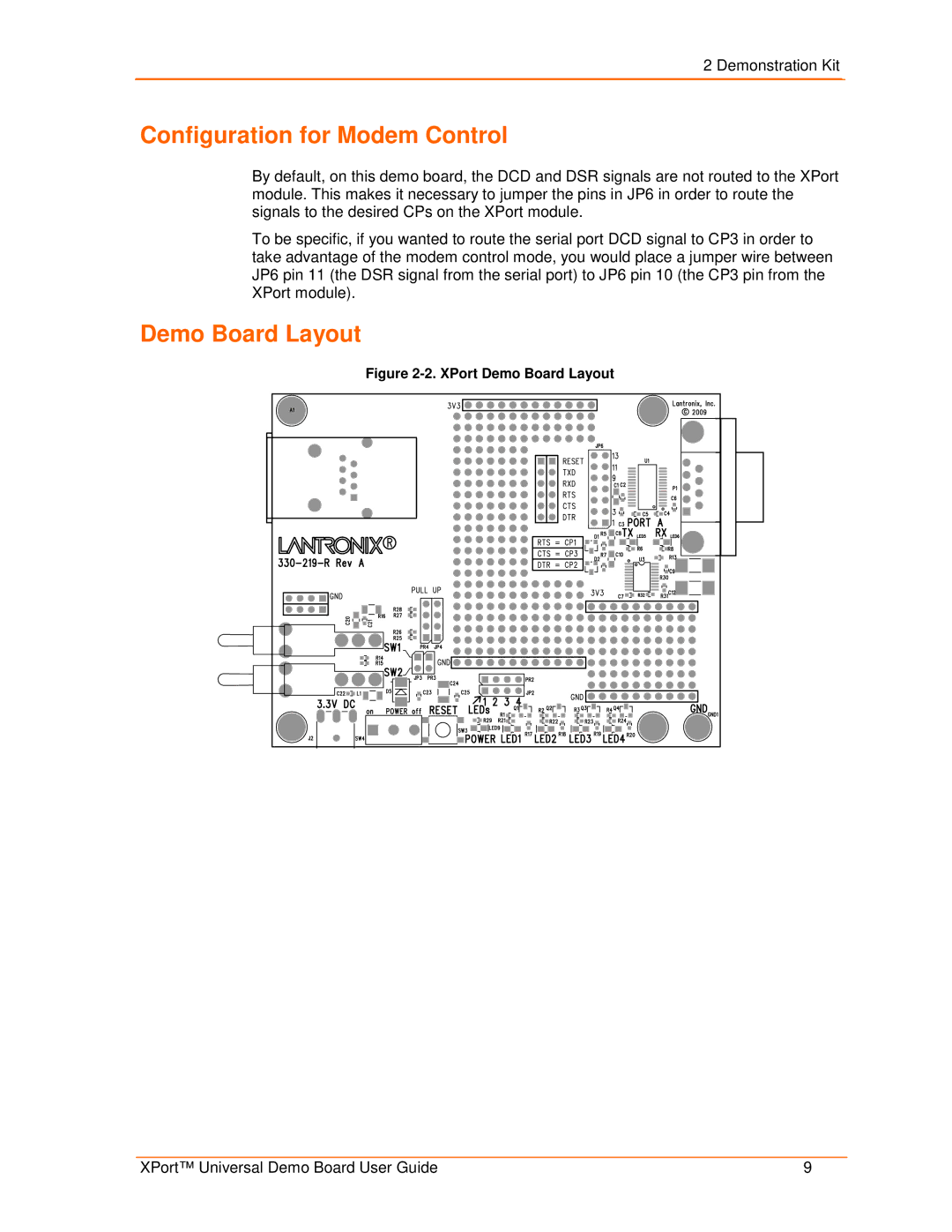 Lantronix 900-563 manual Configuration for Modem Control, Demo Board Layout 