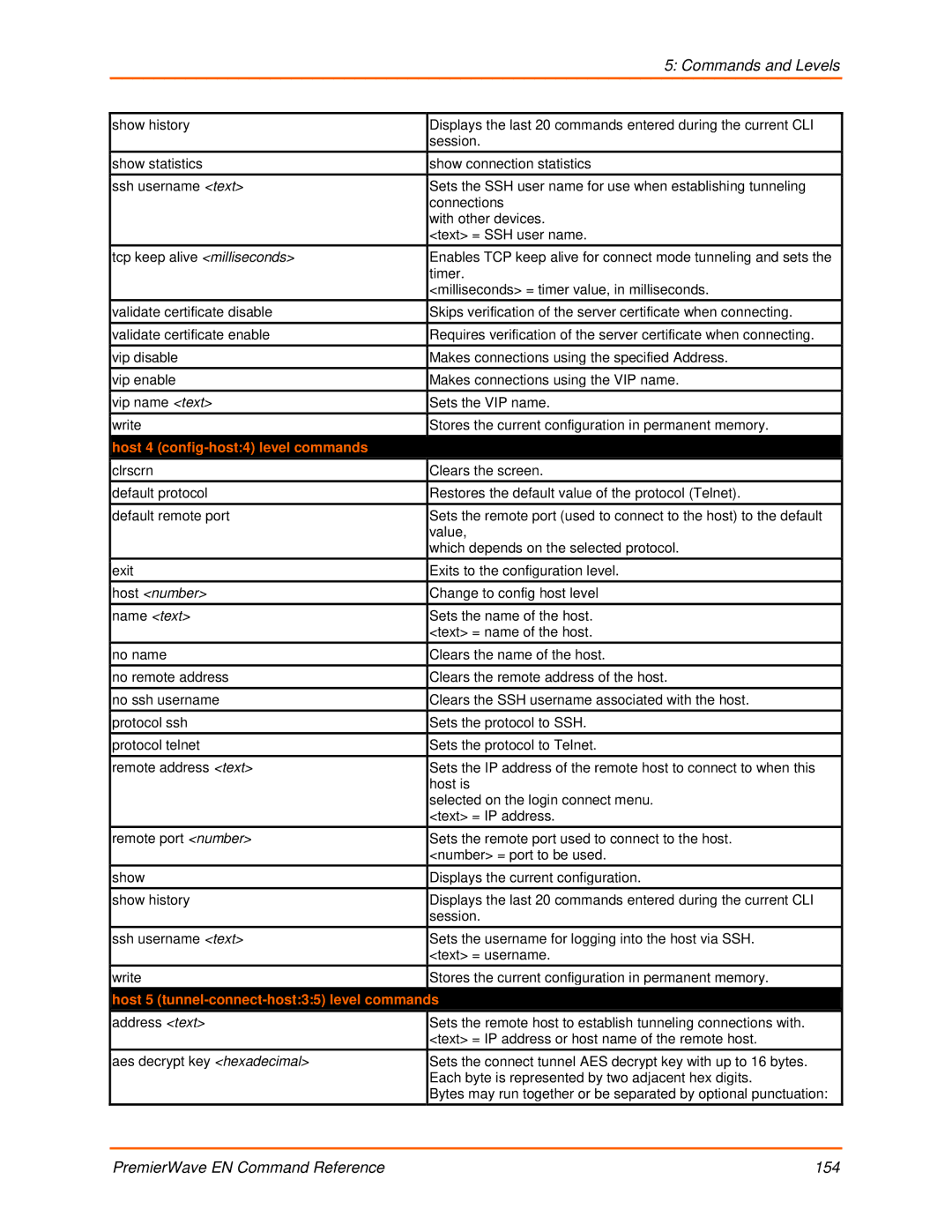 Lantronix 900-581 manual Host 4 config-host4 level commands, Host 5 tunnel-connect-host35 level commands 