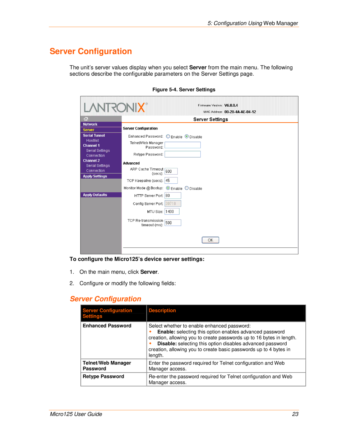 Lantronix 900-588 manual Server Configuration, To configure the Micro125’s device server settings 