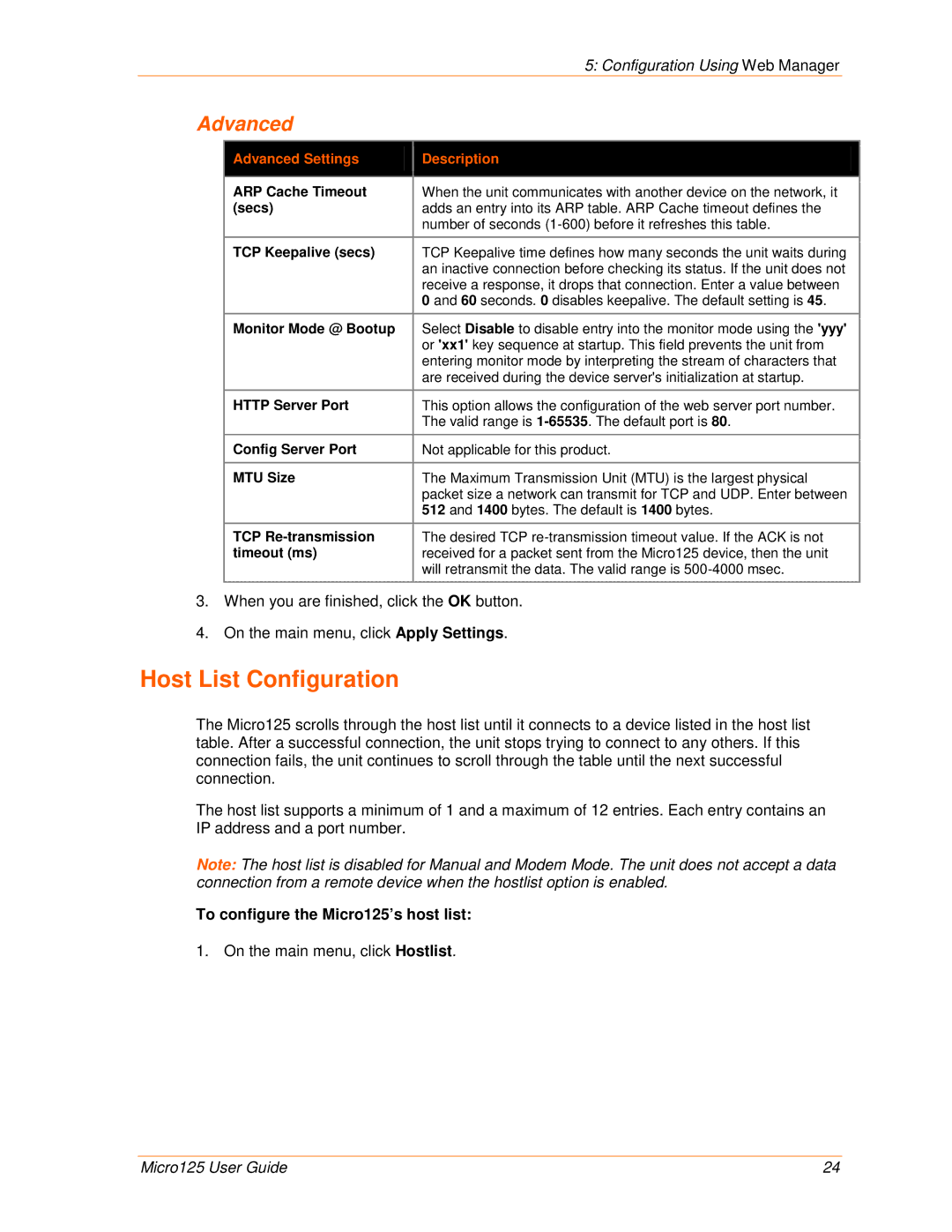 Lantronix 900-588 manual Host List Configuration, To configure the Micro125’s host list, On the main menu, click Hostlist 