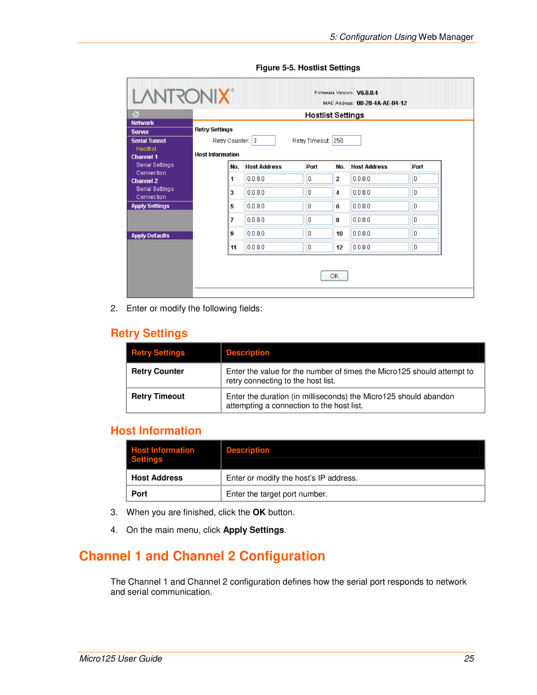 Lantronix 900-588 manual Channel 1 and Channel 2 Configuration, Host Information, Retry Settings Description 