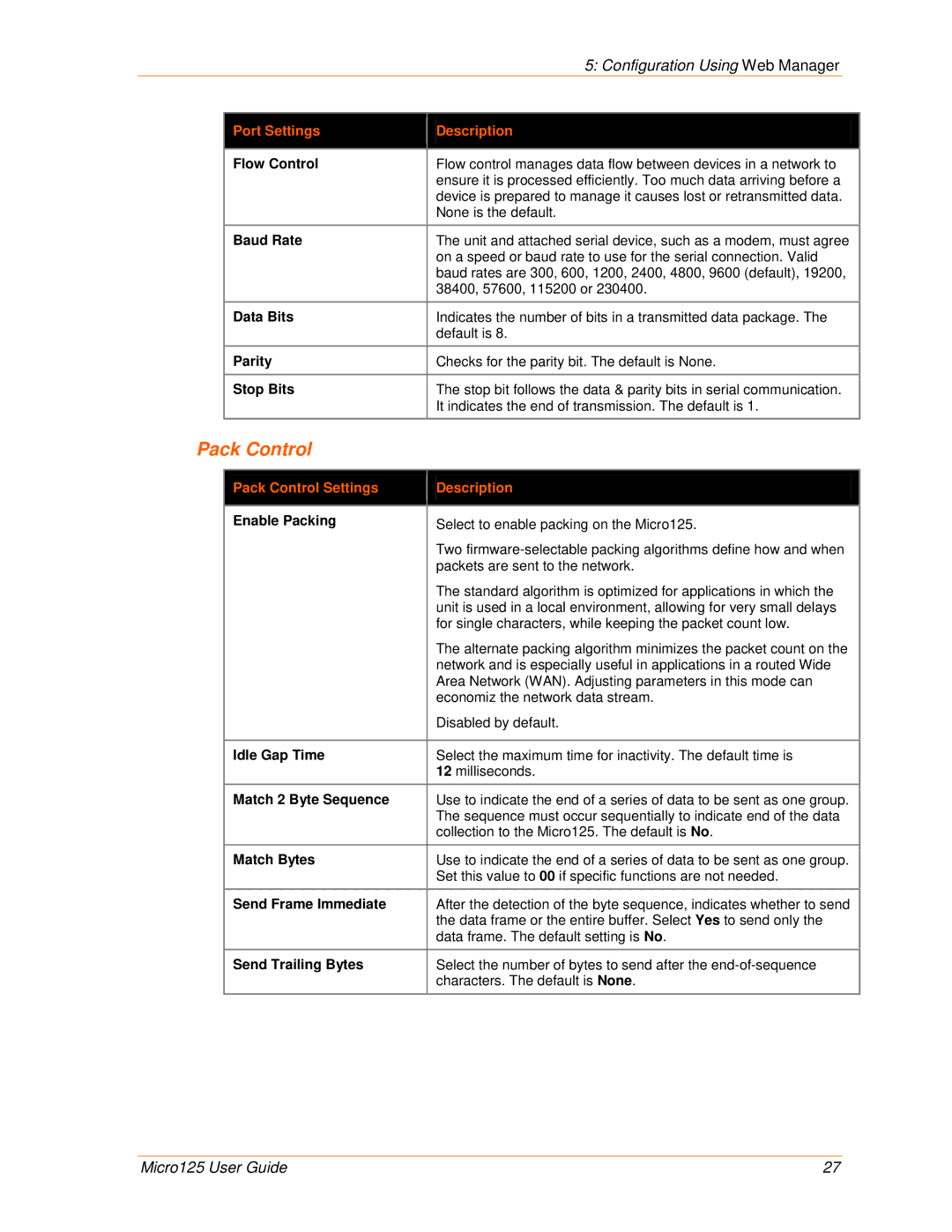 Lantronix 900-588 manual Pack Control Settings Description 