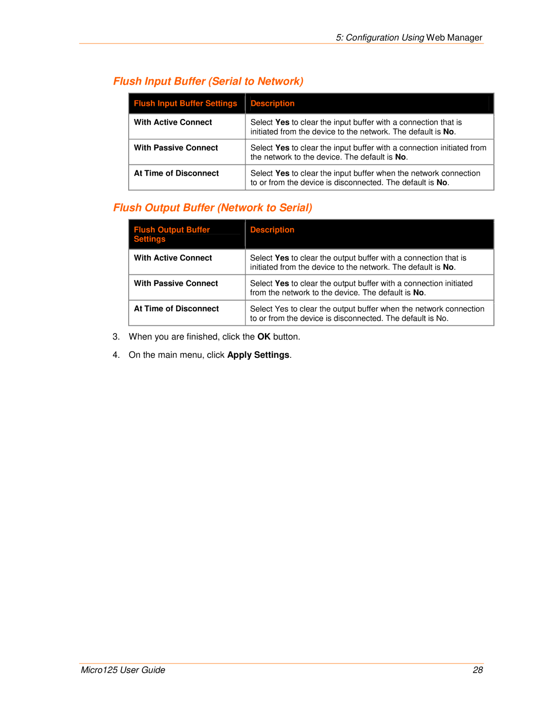 Lantronix 900-588 manual Flush Input Buffer Settings Description, With Active Connect, With Passive Connect 