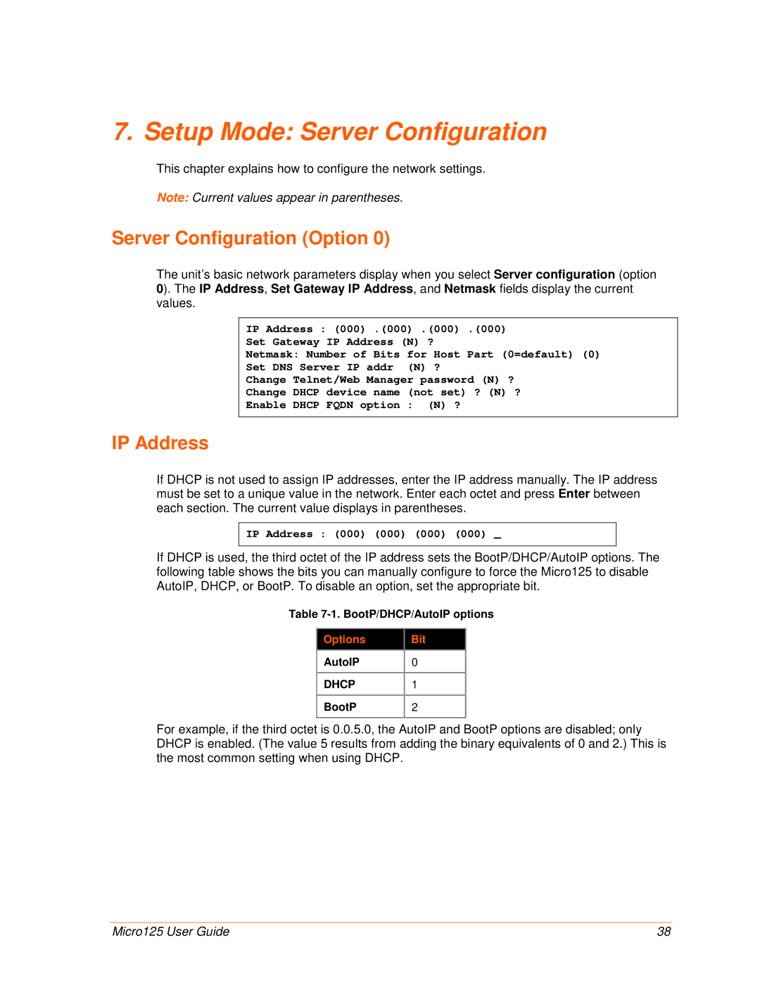 Lantronix 900-588 manual Setup Mode Server Configuration, Server Configuration Option, IP Address, Options Bit 