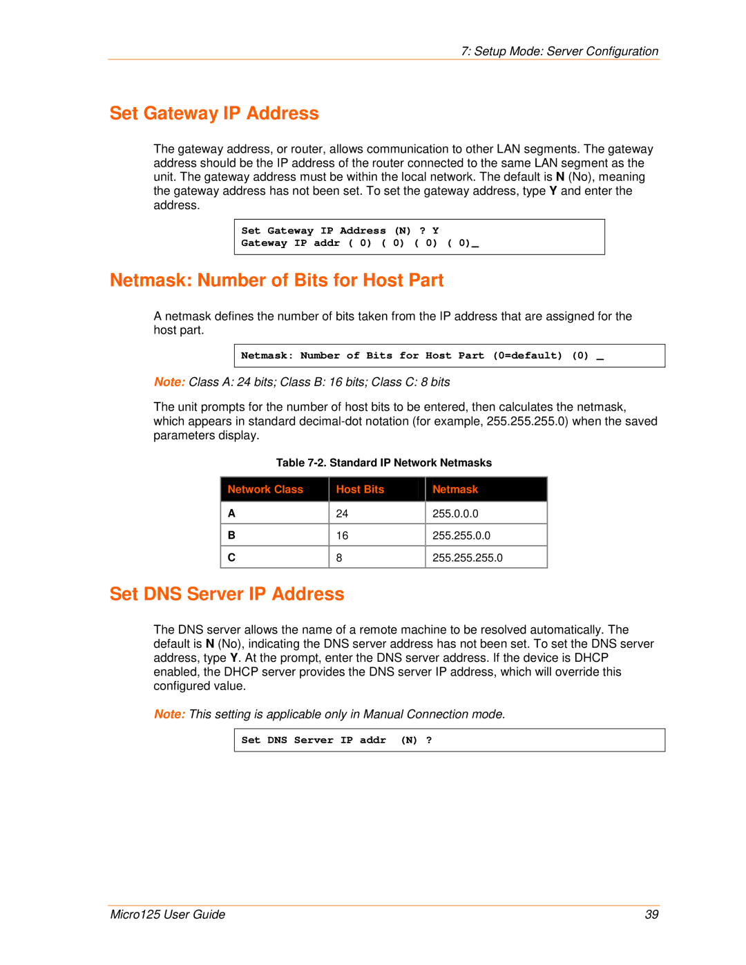 Lantronix 900-588 manual Set Gateway IP Address, Netmask Number of Bits for Host Part, Set DNS Server IP Address 