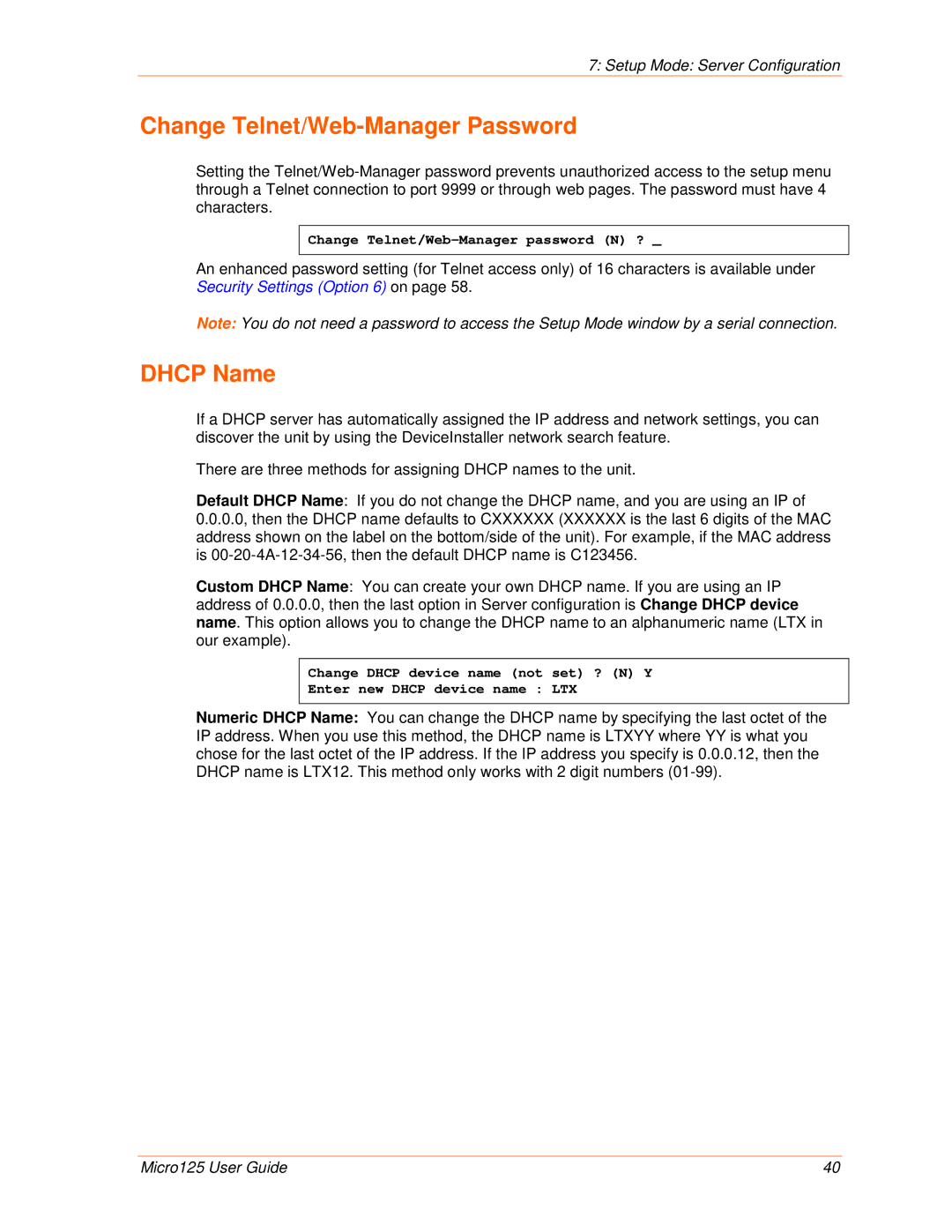 Lantronix 900-588 manual Change Telnet/Web-Manager Password, Dhcp Name 