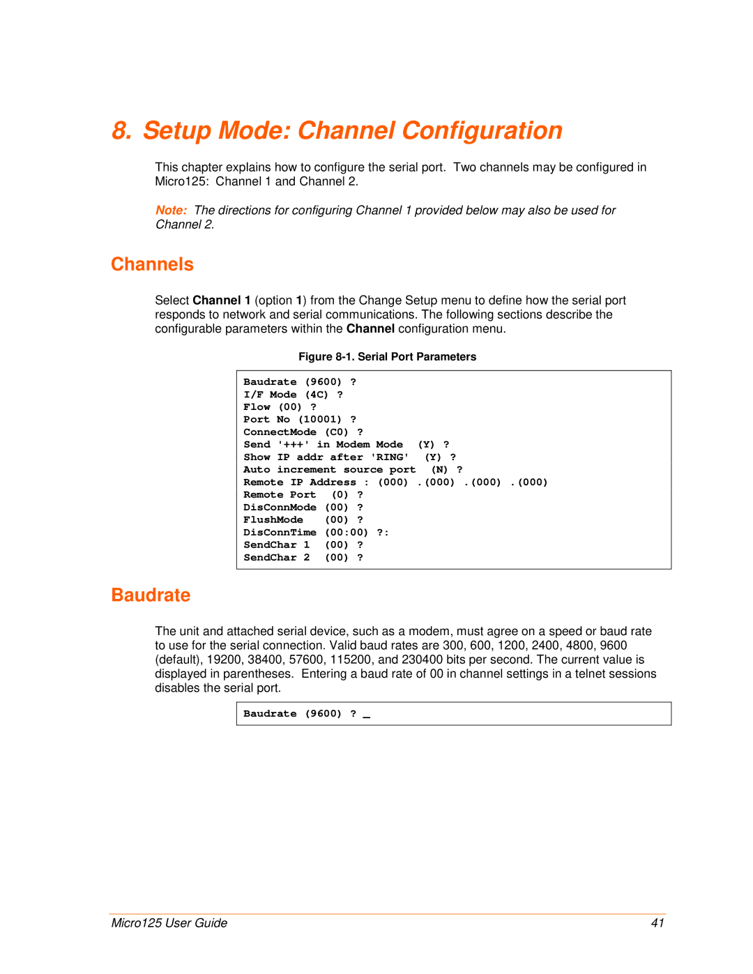 Lantronix 900-588 manual Setup Mode Channel Configuration, Channels, Baudrate 