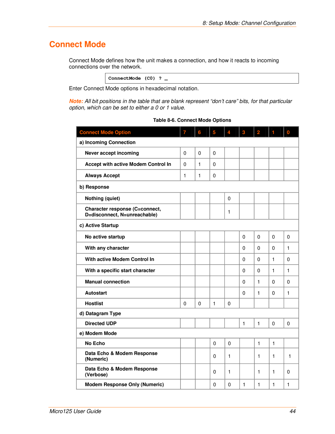 Lantronix 900-588 manual Enter Connect Mode options in hexadecimal notation, Connect Mode Options 