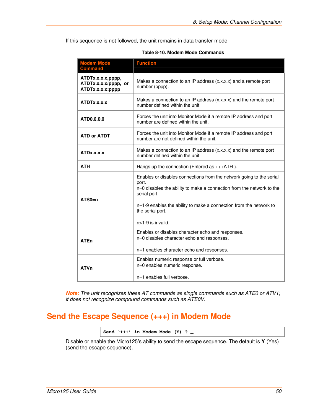 Lantronix 900-588 manual Send the Escape Sequence +++ in Modem Mode, Modem Mode Function Command 