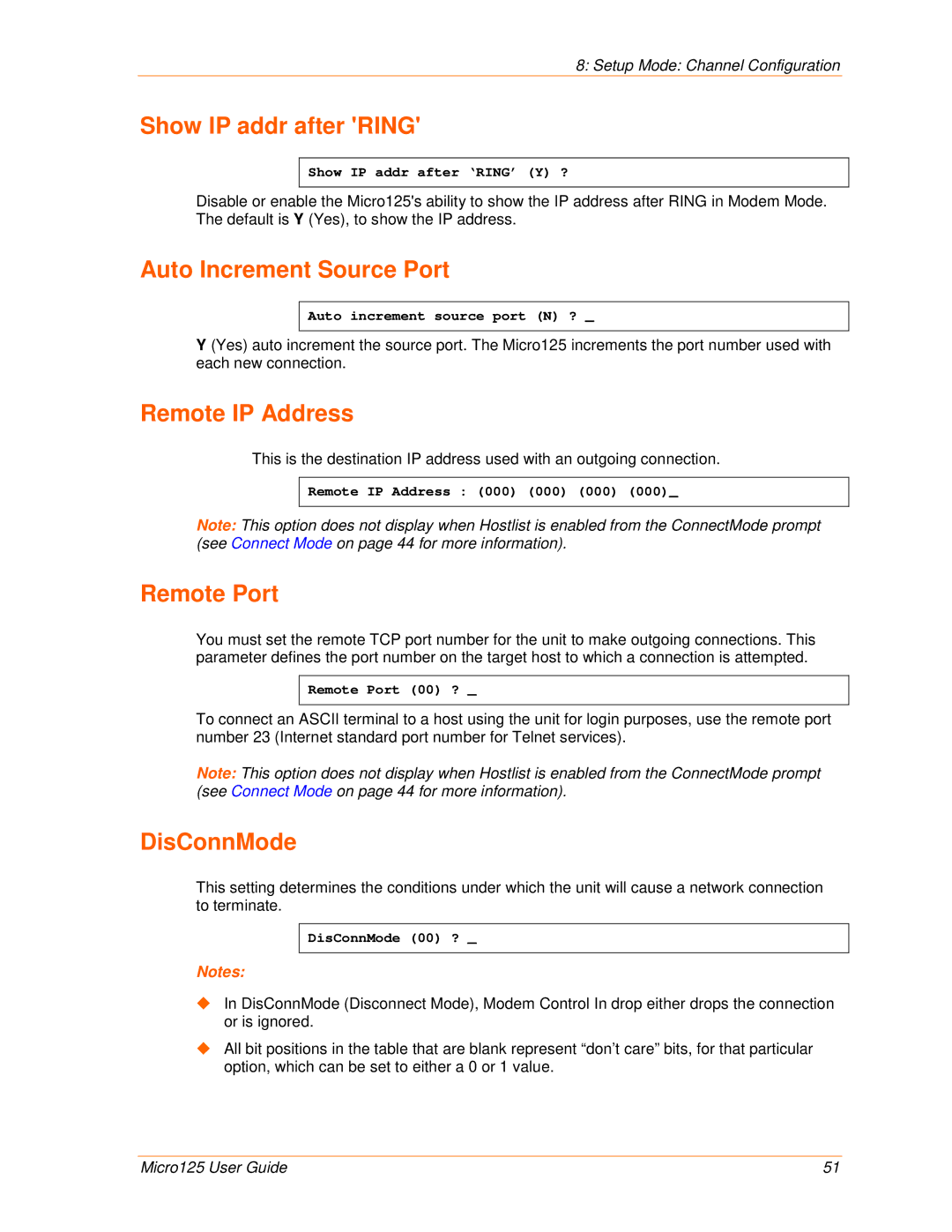 Lantronix 900-588 manual Show IP addr after Ring, Auto Increment Source Port, Remote IP Address, Remote Port, DisConnMode 