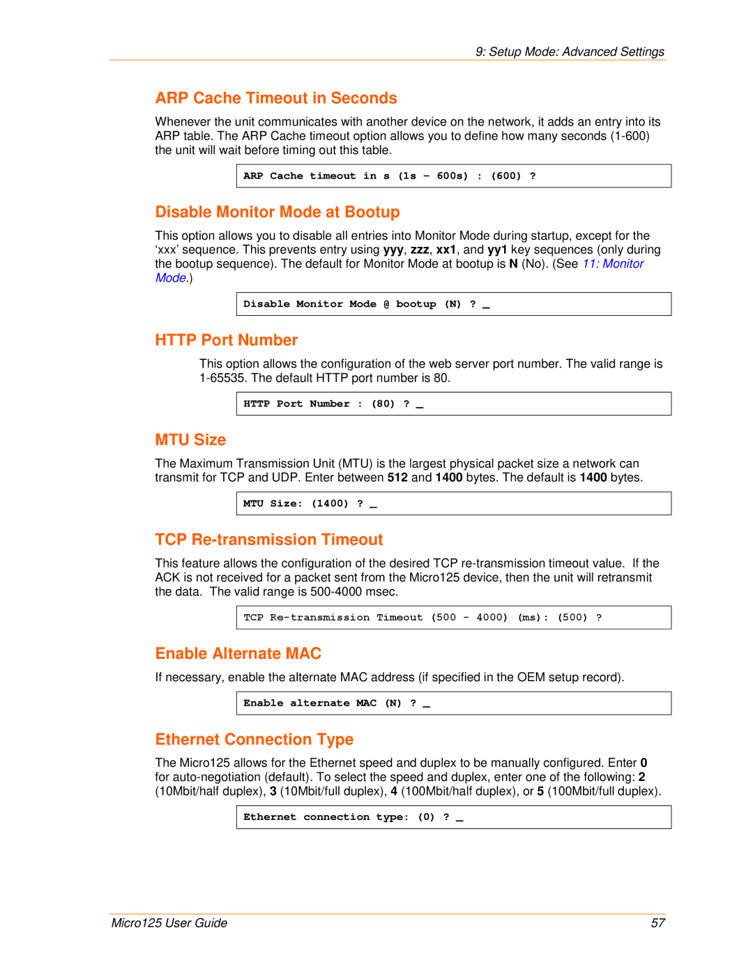 Lantronix 900-588 manual ARP Cache Timeout in Seconds, Disable Monitor Mode at Bootup, Http Port Number, MTU Size 