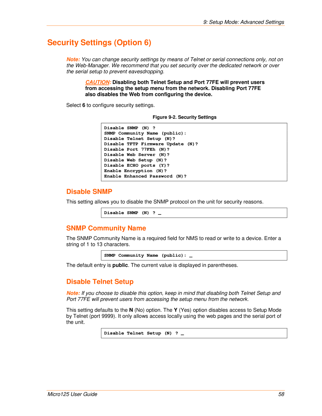 Lantronix 900-588 manual Security Settings Option, Disable Snmp, Snmp Community Name, Disable Telnet Setup 